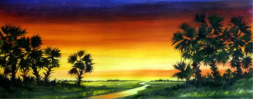 Rural Sunset with Palm Trees by Samiran Sarkar, Painting for Sale on Singulart