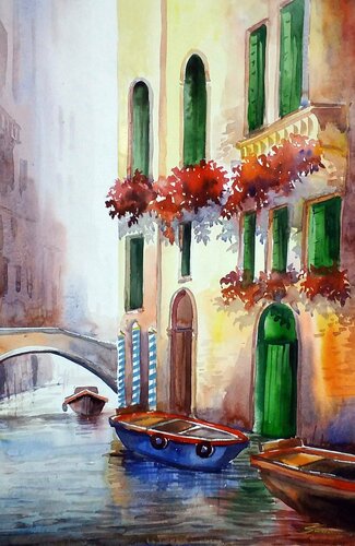 Beauty of Venice Canal with Flowers di Samiran Sarkar, Opera su carta in vendita su Singulart