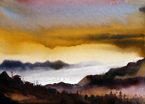 Sunset Himalaya landscape by Samiran Sarkar, Work on Paper for Sale on Singulart