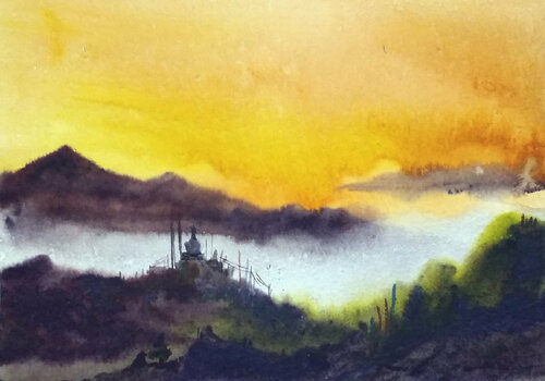 Sunset Foggy Himalaya  Landscape by Samiran Sarkar, 종이 for Sale on Singulart