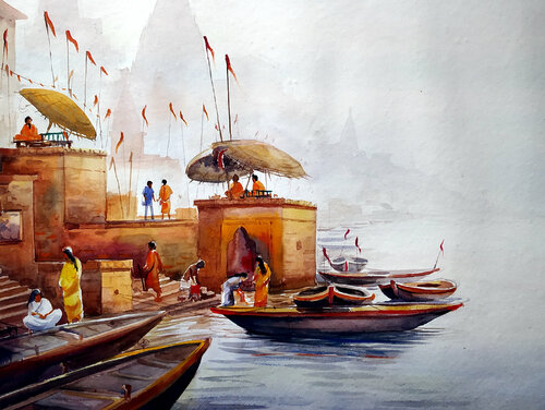 Morning Varanasi Ghats di Samiran Sarkar, Pittura in vendita su Singulart
