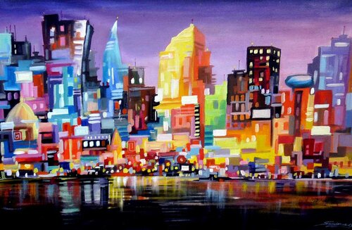 Night City Skyline di Samiran Sarkar, Pittura in vendita su Singulart