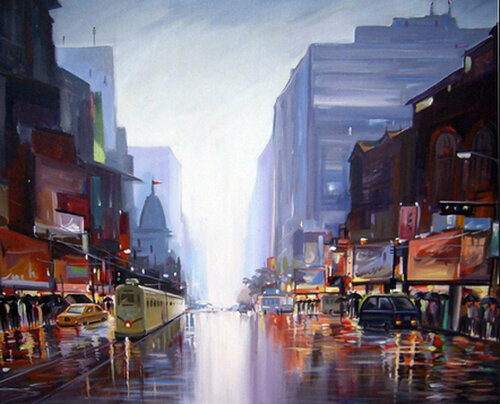 City Rainy Street by Samiran Sarkar, Painting for Sale on Singulart