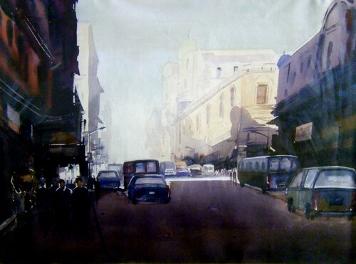 Early Morning City Street par Samiran Sarkar, Œuvre sur papier en vente sur Singulart