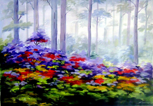 Flowers Garden inside a Forest par Samiran Sarkar, Peinture en vente sur Singulart