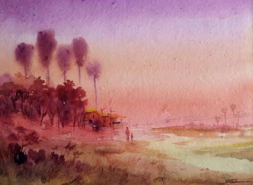 Sunset Rural Village par Samiran Sarkar, Œuvre sur papier en vente sur Singulart