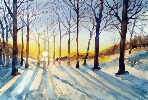 Winter Sunrise through Forest miniature painting by Samiran Sarkar, Work on Paper for Sale on Singulart