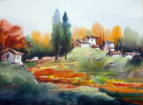 Autumn Himalaya Mountain Landscape van Samiran Sarkar, Werk op papier te koop op Singulart