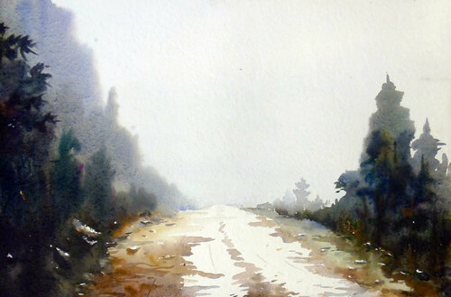 Misty Foggy Himalaya Mountain Road van Samiran Sarkar, Werk op papier te koop op Singulart