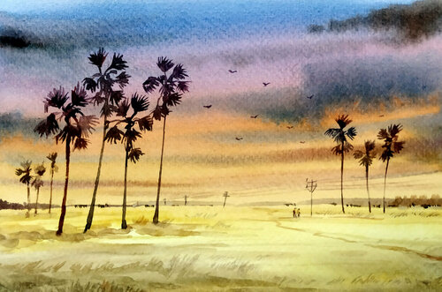 Rural Sunset Cornfield par Samiran Sarkar, Œuvre sur papier en vente sur Singulart