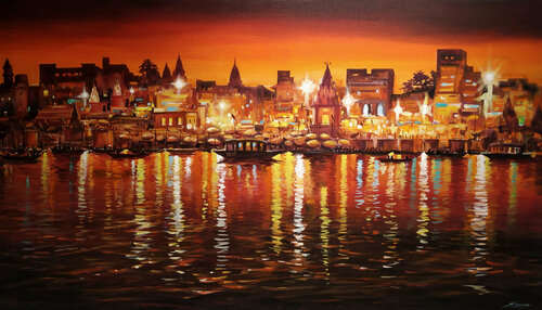 Beauty Of Evening Ganges In Varanasi par Samiran Sarkar, Peinture en vente sur Singulart