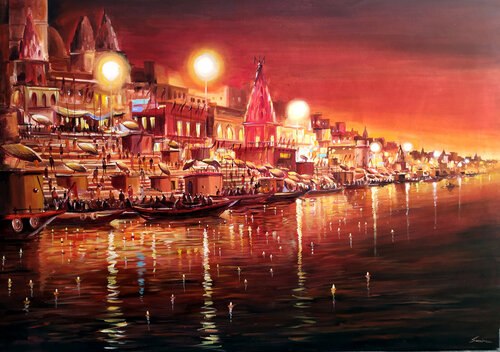 Beauty Of Night Varanasi Ghats par Samiran Sarkar, Peinture en vente sur Singulart