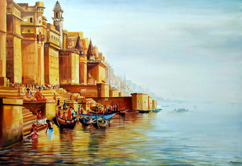 Morning Varanasi Ghats par Samiran Sarkar, Peinture en vente sur Singulart