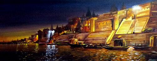 Beauty Of Night Varanasi Ghats II par Samiran Sarkar, Peinture en vente sur Singulart