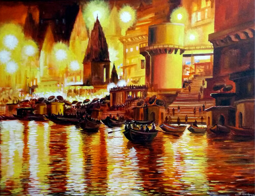 Beauty of Night Reflection on Holy Ganges in Varanasi di Samiran Sarkar, Pittura in vendita su Singulart