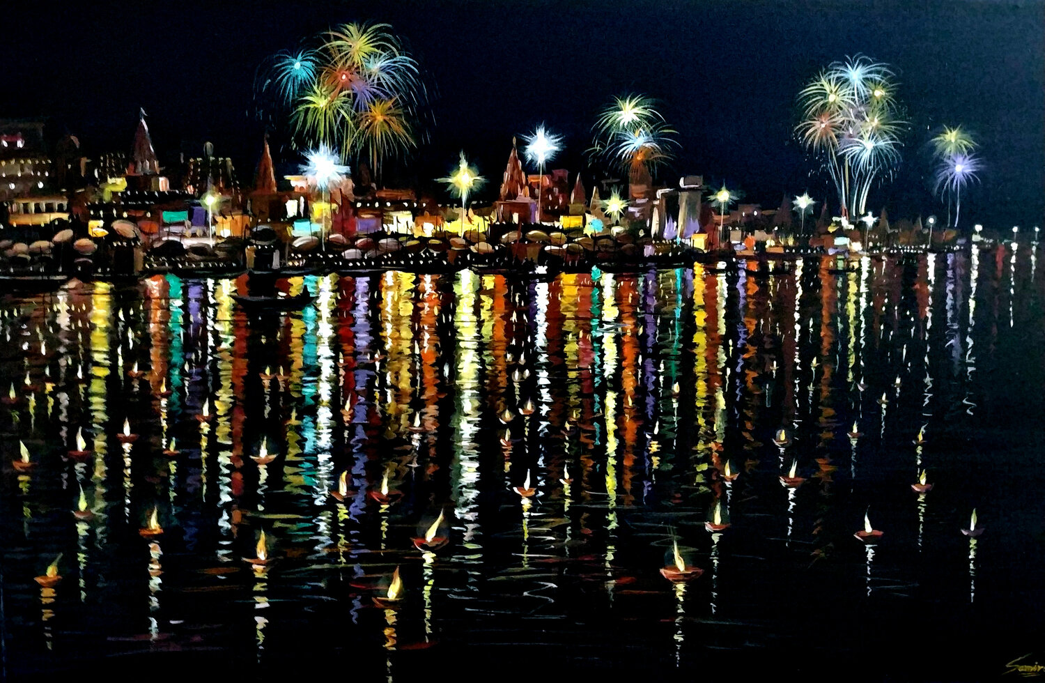 Beauty of Deepawali Night at Varanasi Samiran Sarkar Originalgemälde zu verkaufen