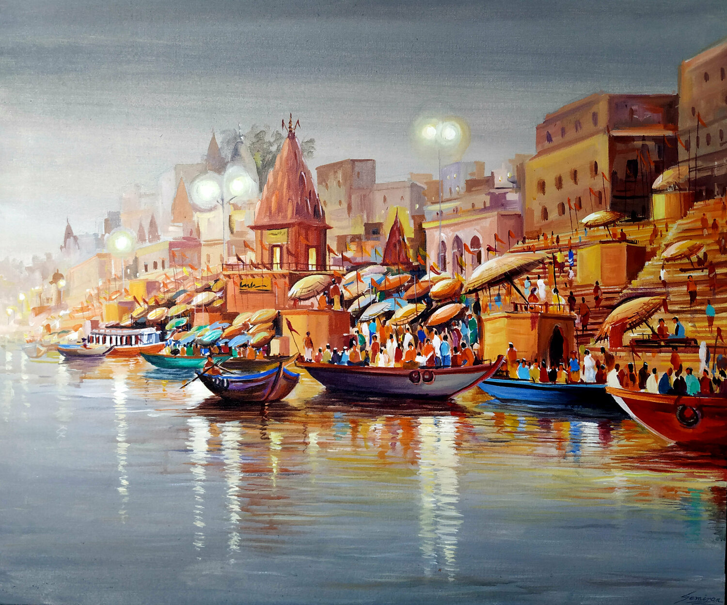 Evening Varanasi Ghats Samiran Sarkar Originalgemälde zu verkaufen