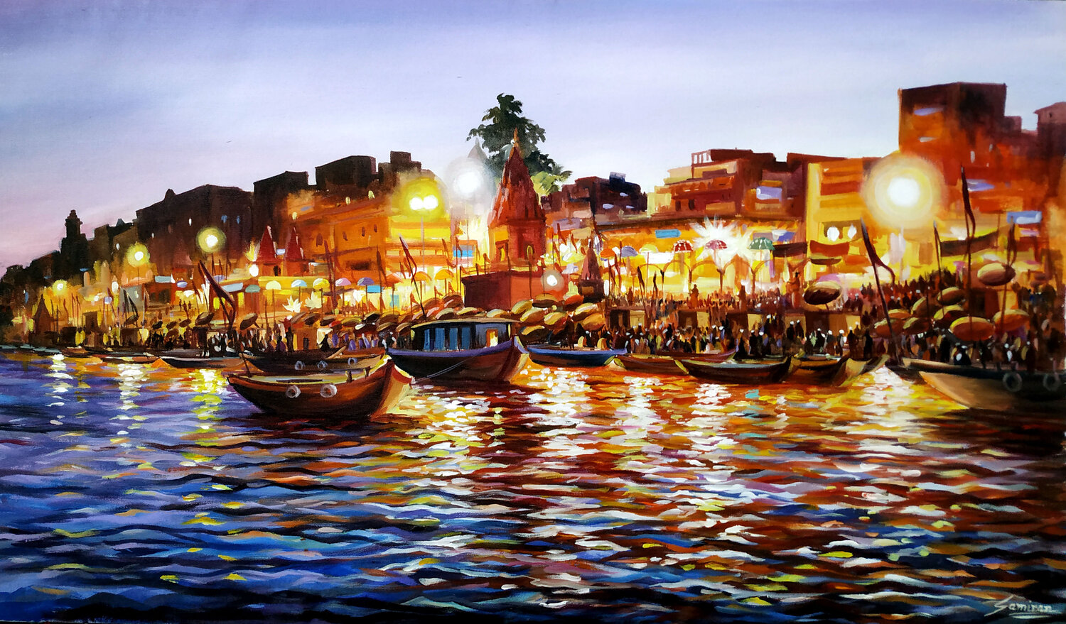 BEAUTY OF EVENING VARANASI GHATS Samiran Sarkar Originalgemälde zu verkaufen