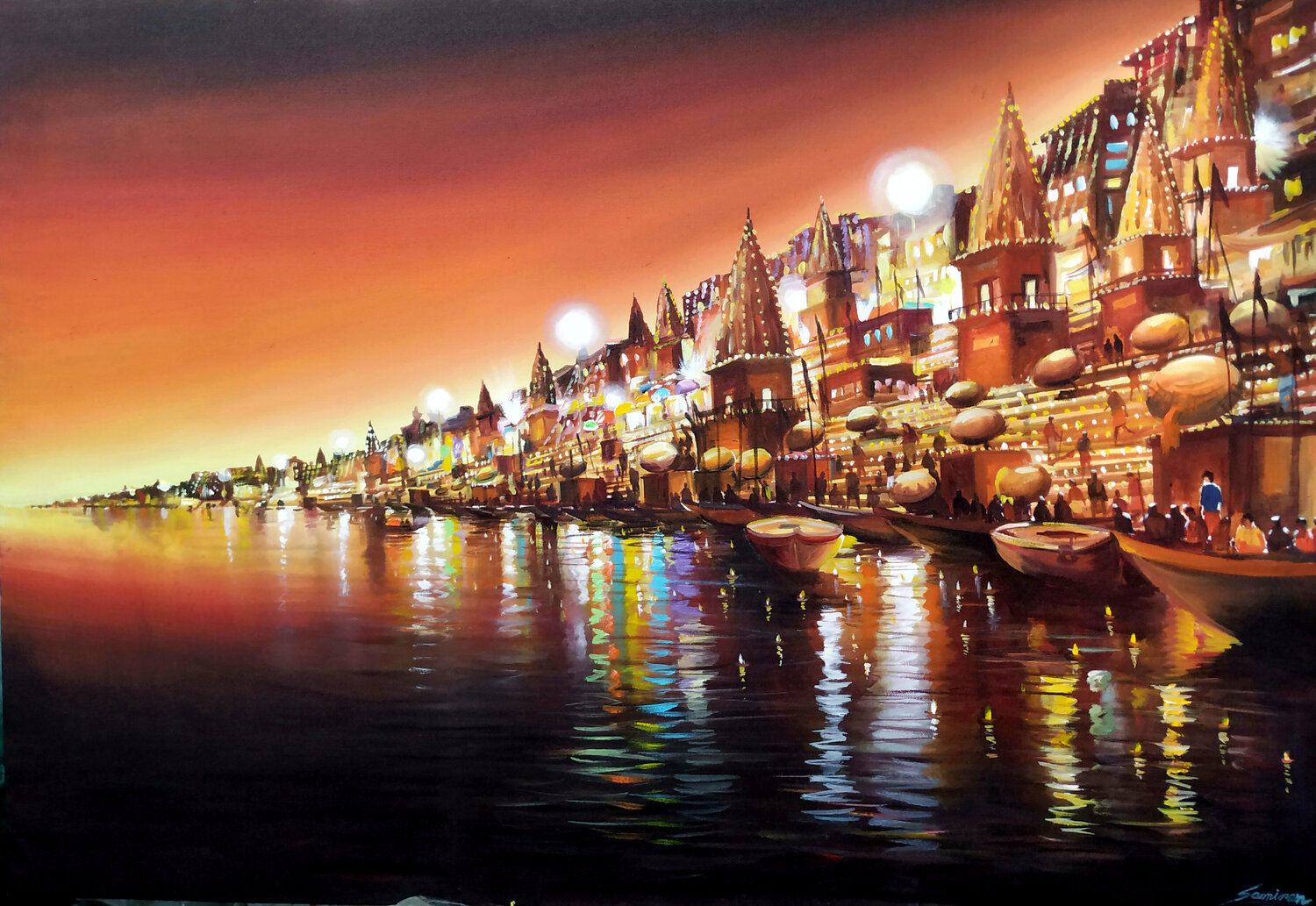 Festival Night Varanasi Painting Samiran Sarkar Originalgemälde zu verkaufen