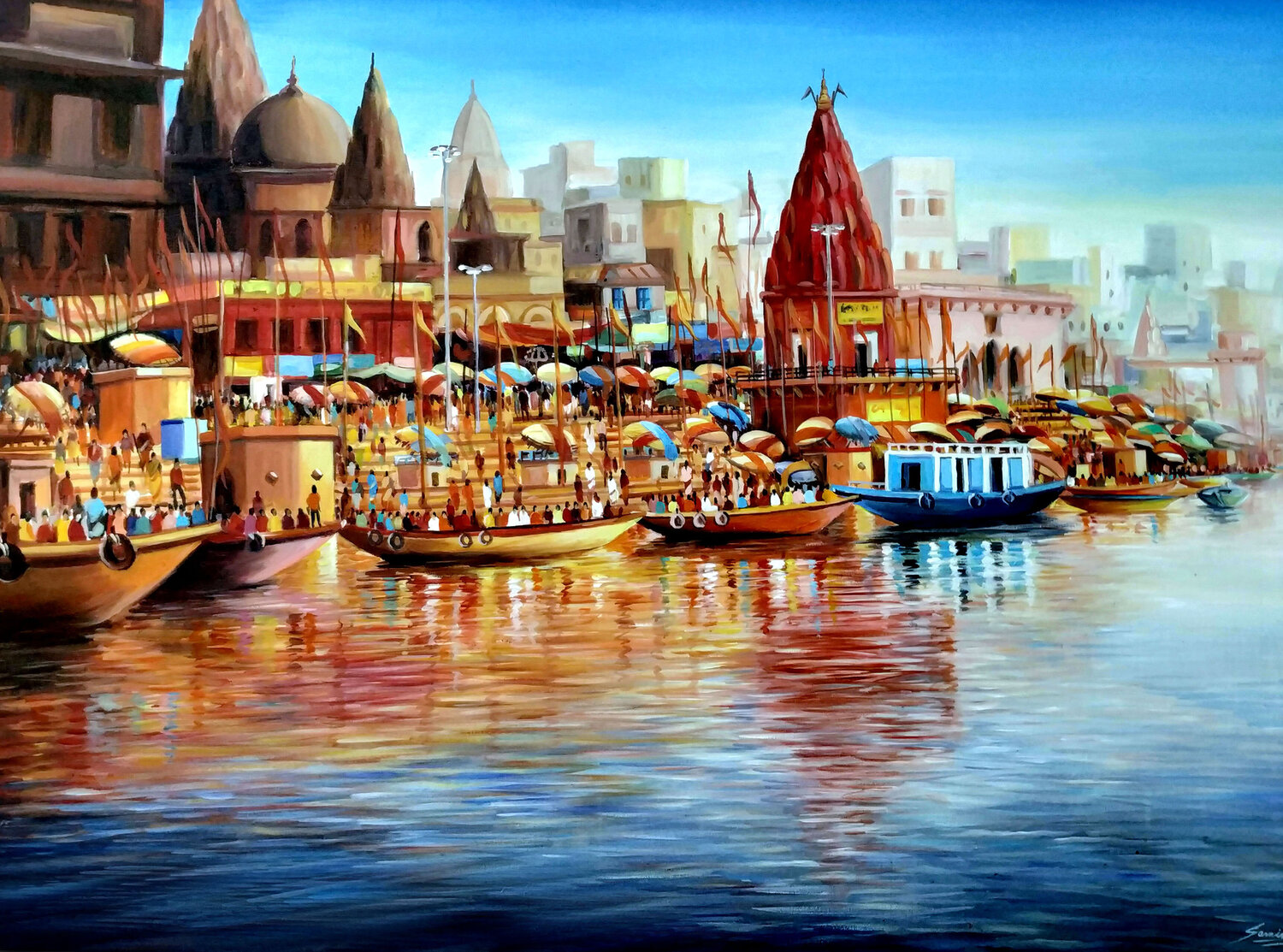 Colorful Morning Varanasi Ghats Painting Samiran Sarkar Originalgemälde zu verkaufen