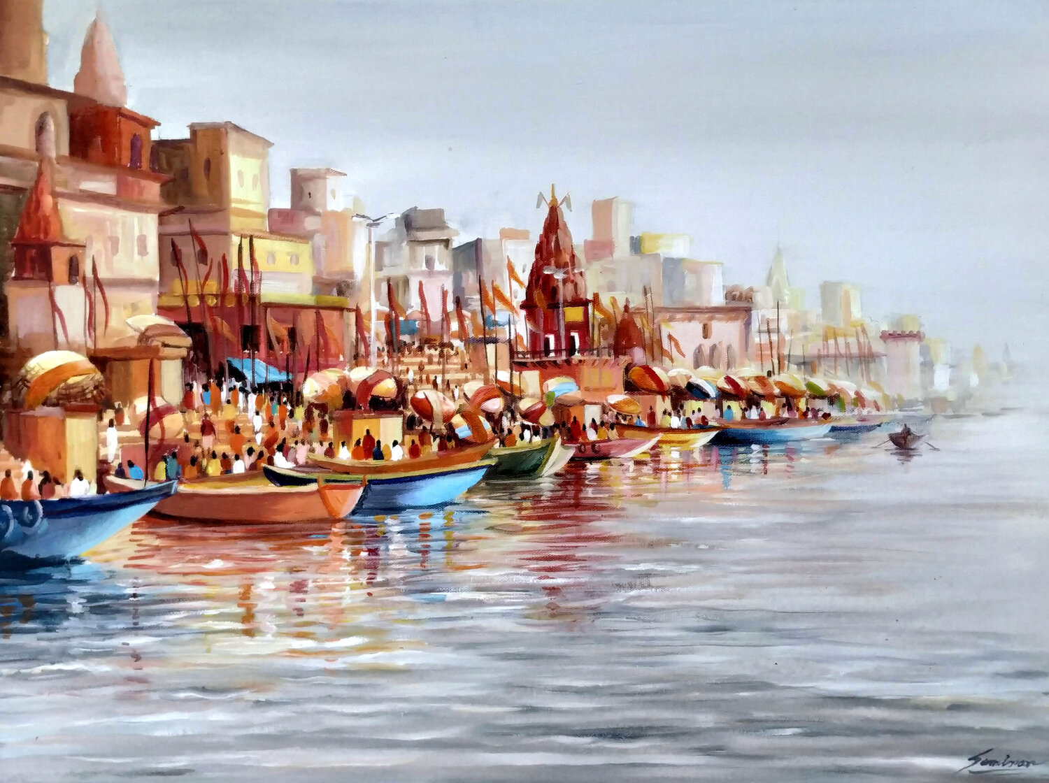 Early Morning Varanasi Ghats Painting Samiran Sarkar Originalgemälde zu verkaufen