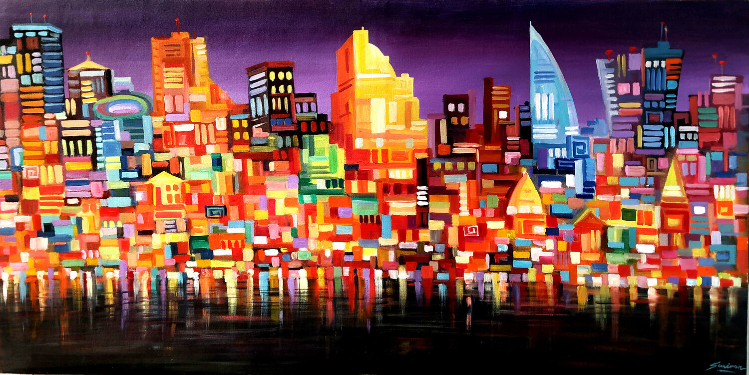 Abstract Night City - Acrylic on Canvas Samiran Sarkar