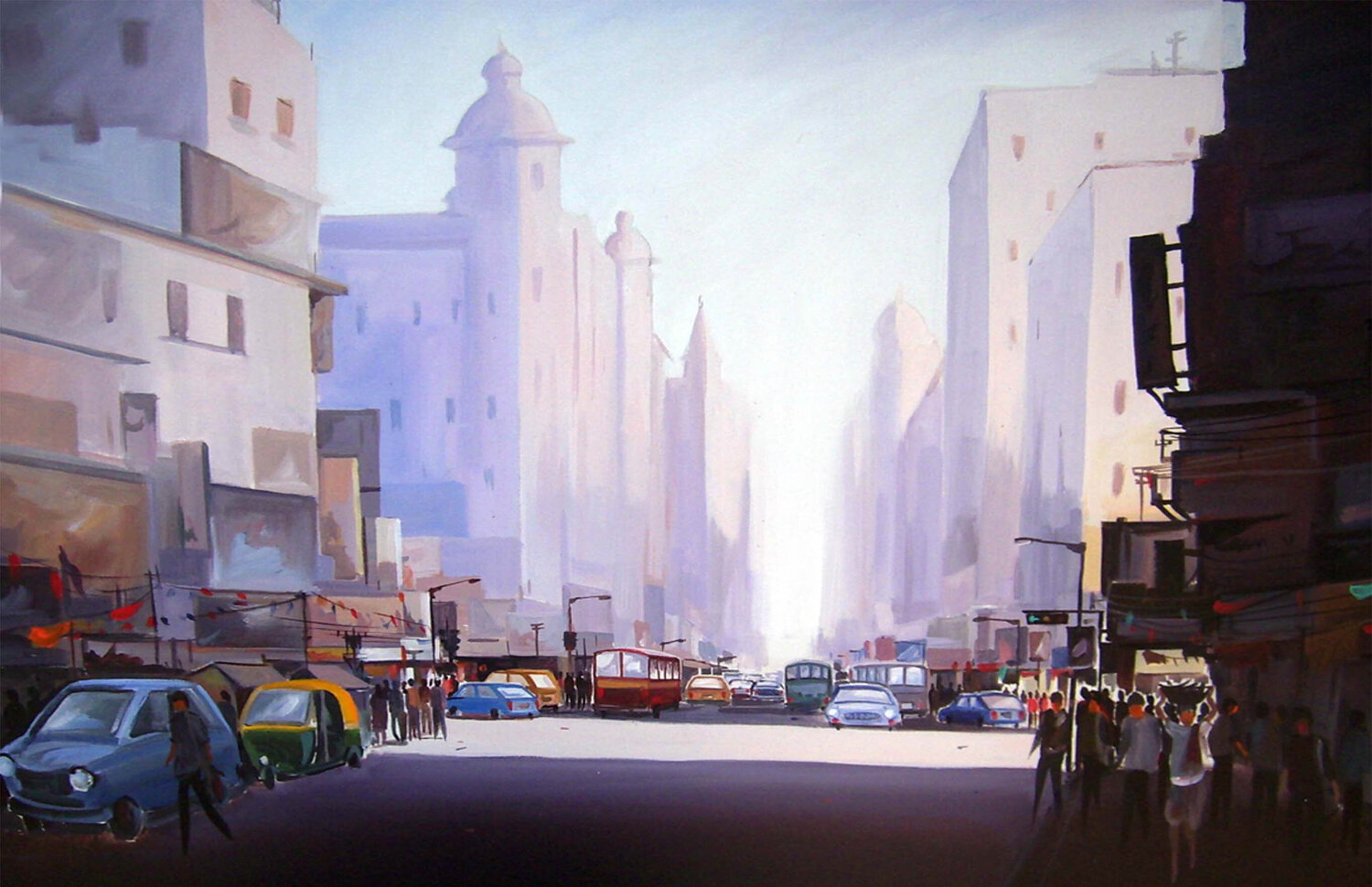 Early Morning Street Samiran Sarkar Origineel schilderij te koop