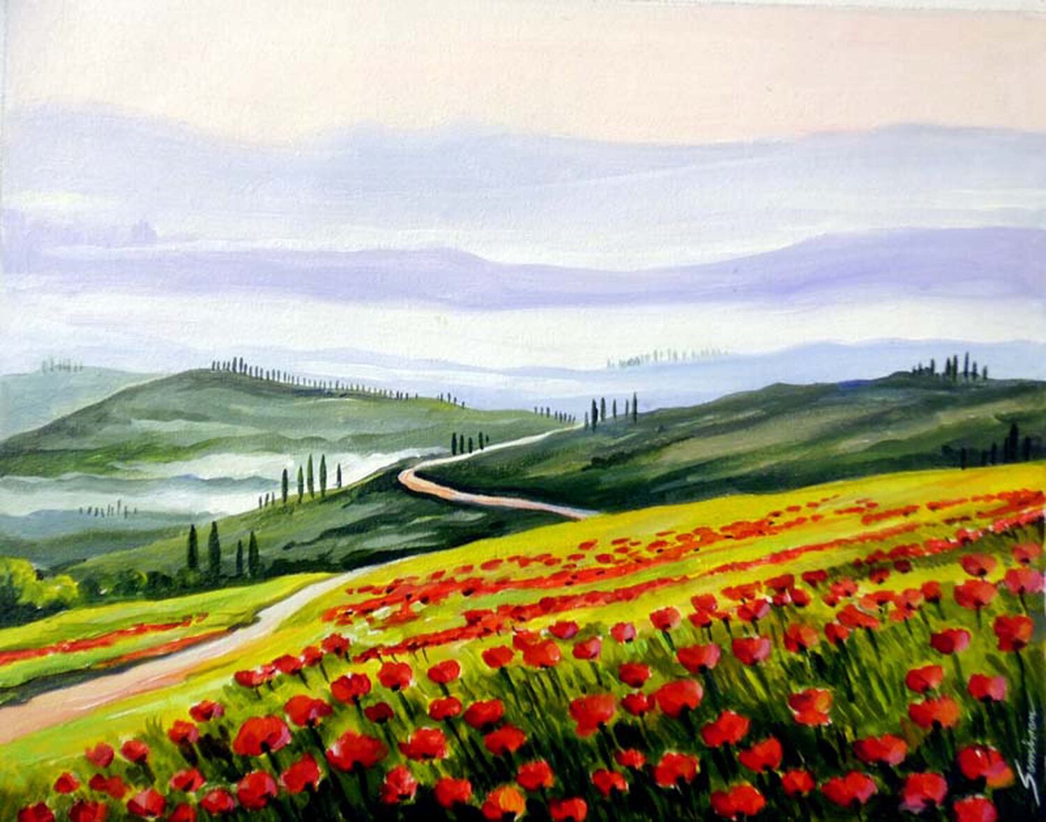 Flowers Mountain Valley Samiran Sarkar Dipinto originale in vendita