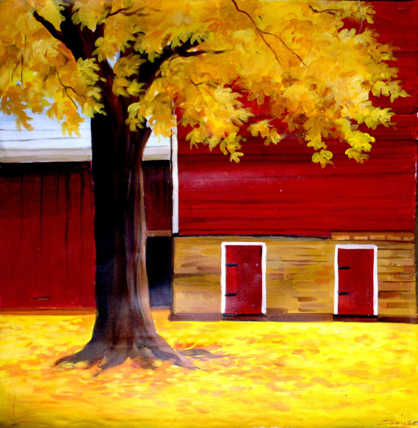 Autumn Trees & Red Cottage Samiran Sarkar Original painting for sale