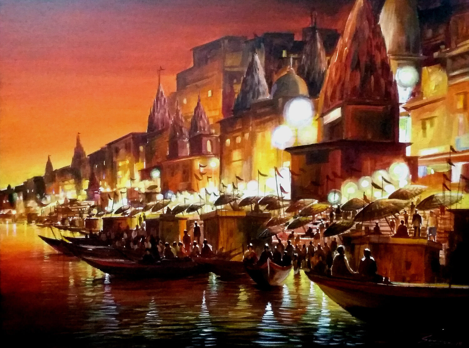 Night Varanasi Ghats Samiran Sarkar Dipinto originale in vendita