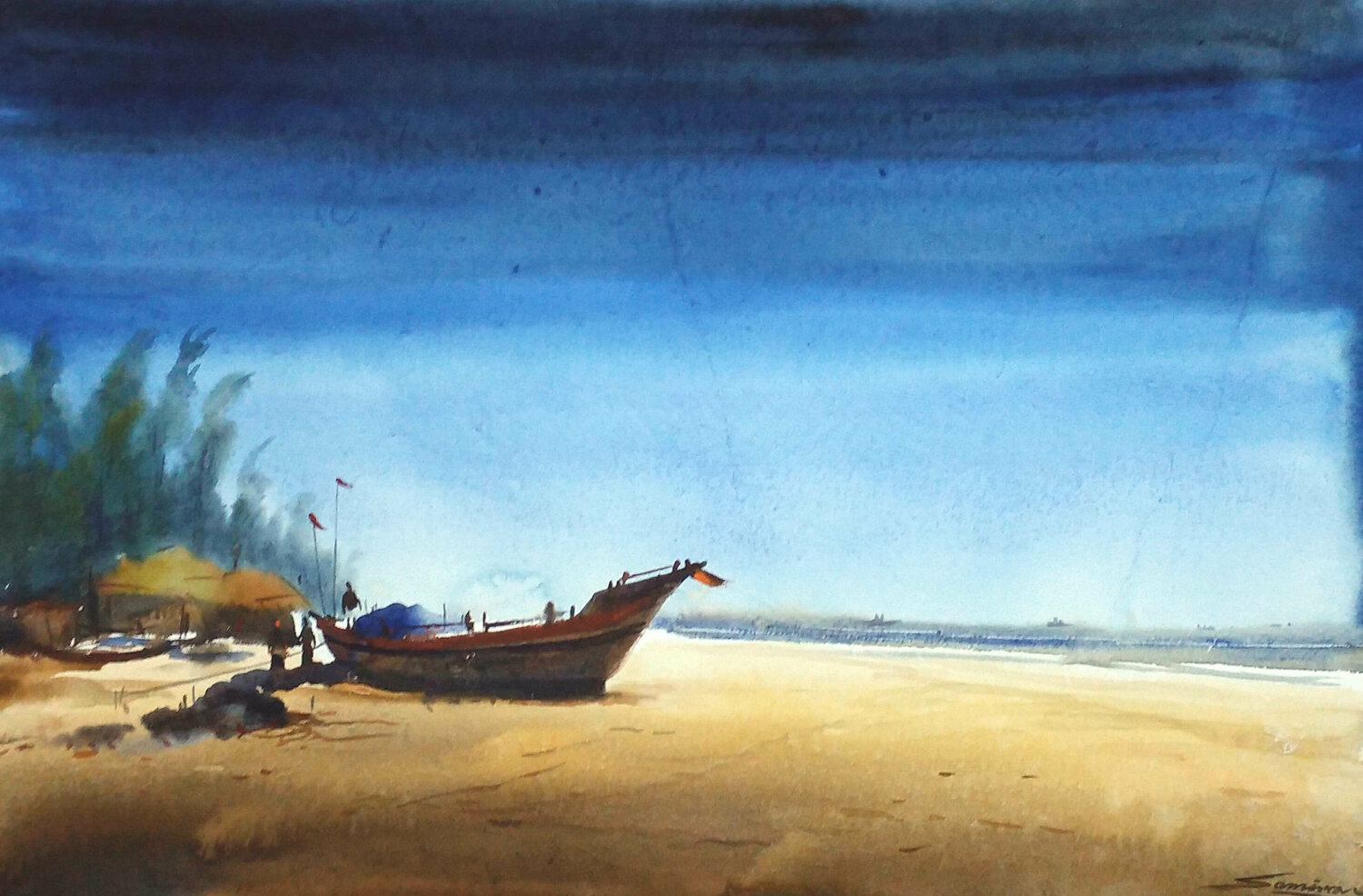 Fishing Boats at Morning Seashore Samiran Sarkar Werk auf Papier zu verkaufen