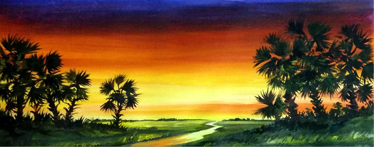 Rural Sunset with Palm Trees Samiran Sarkar Original painting for sale