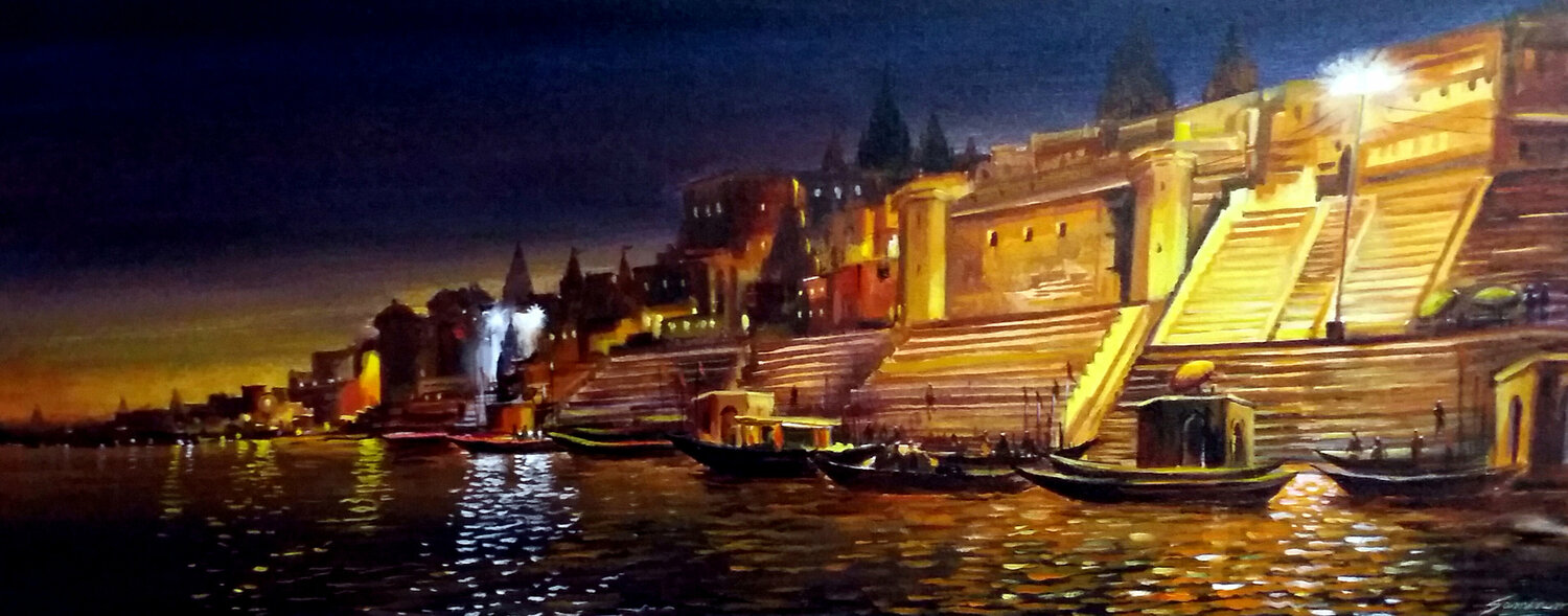 Beauty Of Night Varanasi Ghats II Samiran Sarkar Originalgemälde zu verkaufen
