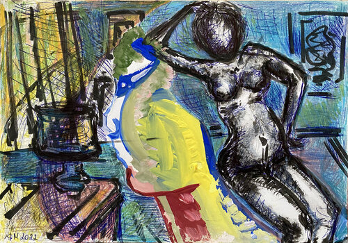 c55c / She began to collect puzzles - {$M} van Leni Smoragdova, Tekening te koop op Singulart