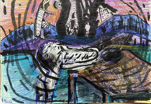 f4f4  / She began to collect puzzles - {$M} van Leni Smoragdova, Tekening te koop op Singulart