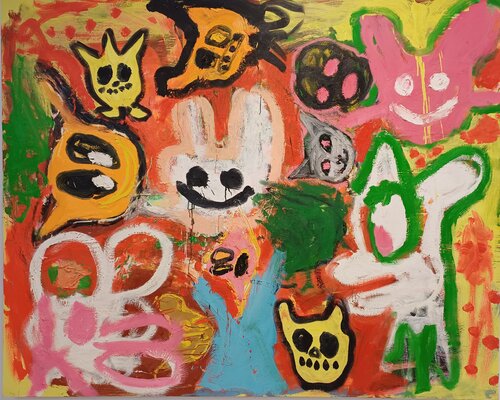 "Fiesta roja de furbys" 2024 van Jorge Nava, Schilderij te koop op Singulart