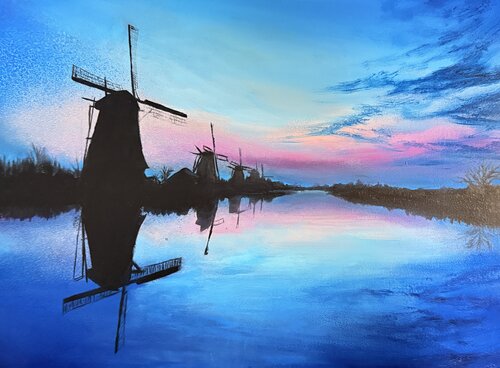 Landscape #59 ( Dutch mills at dusk) di Selene's Art, Pittura in vendita su Singulart