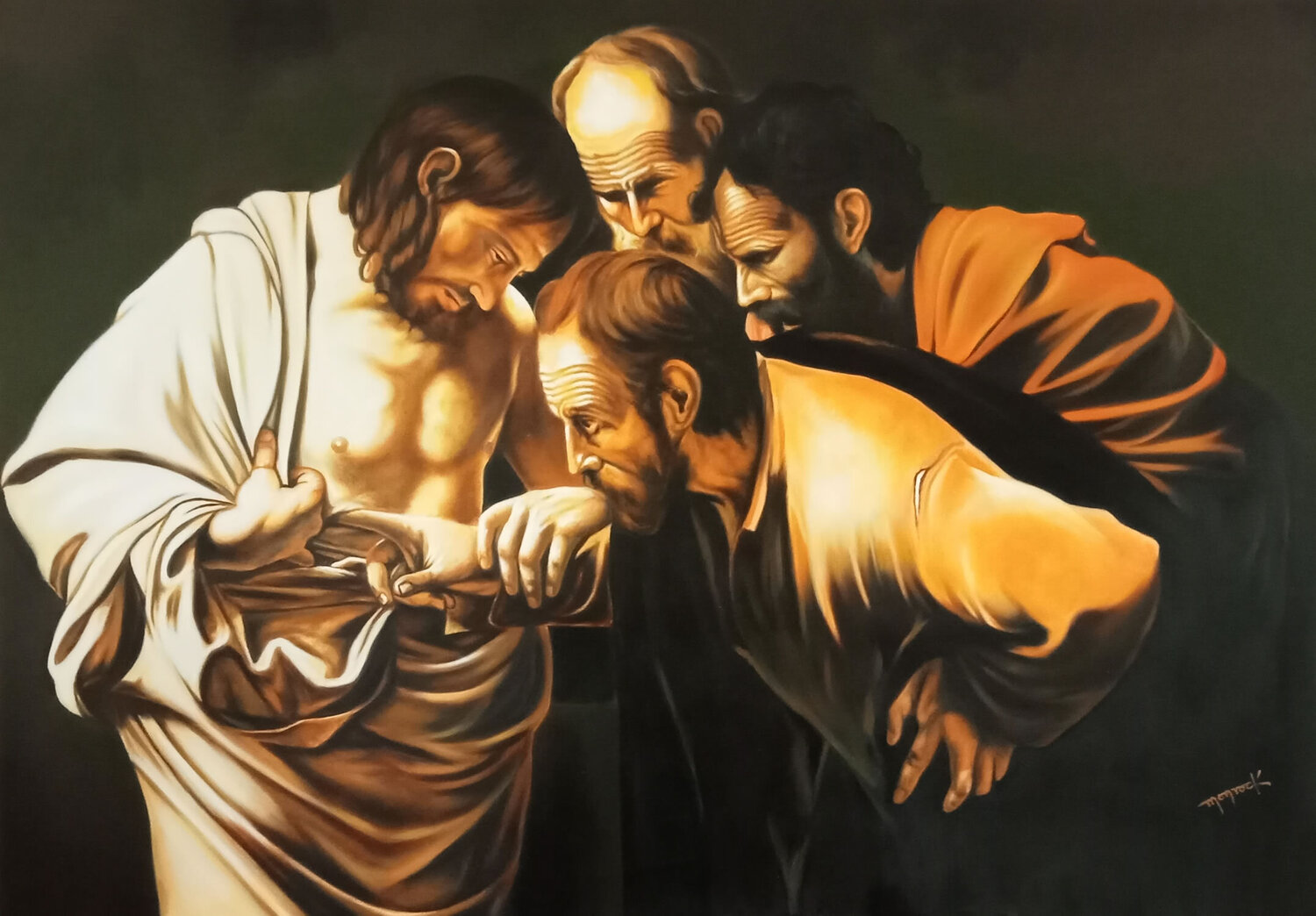 The Incredulity of Saint Thomas Caravaggio reproduction by Hector Monroy  door Hector Monroy (2020) : Schilderij Olie op Canvas - SINGULART
