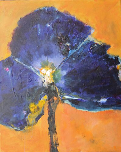 Blütenzauber, Blaue Blüte auf Orange di Josef Thalhofer, Pittura in vendita su Singulart