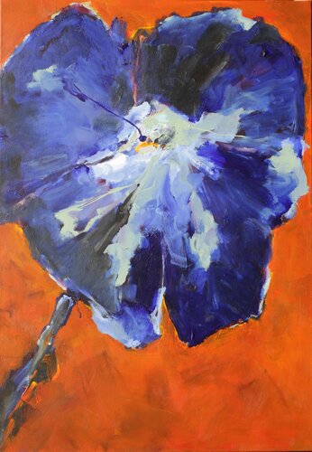Blütenzauber, Blaue Blüte auf Orangem Grund di Josef Thalhofer, Pittura in vendita su Singulart