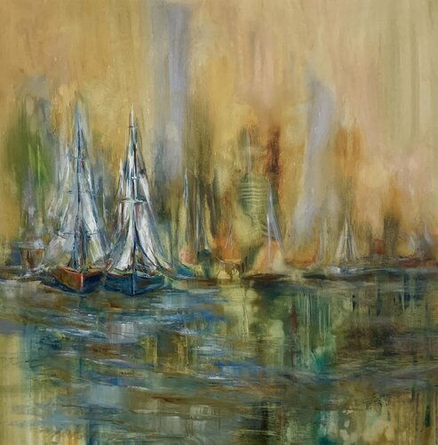 Boats in the City's harbor van Khrystyna Kozyuk, Schilderij te koop op Singulart