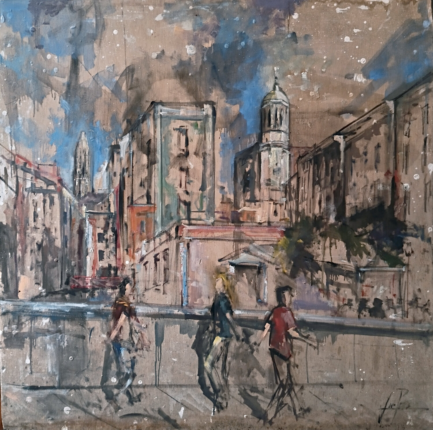 GIRONA DESDE EL PUENTE DE PIEDRA Josep Pozo Originalgemälde zu verkaufen