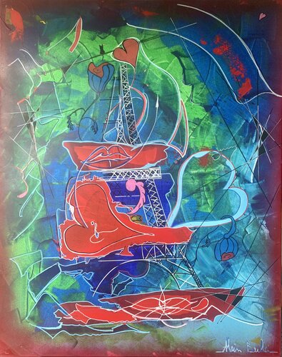 French Kiss  sous la Tour Eiffel Paris van Alain Bulle, Schilderij te koop op Singulart