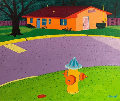 Fire Hydrant and Orange House van Sue Graef, Schilderij te koop op Singulart