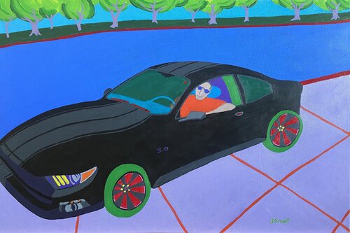 Mustang on the Driveway di Sue Graef, Pittura in vendita su Singulart