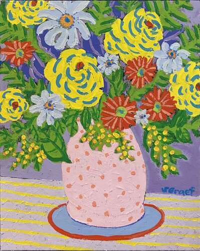 Flowers with Dotted Vase van Sue Graef, Schilderij te koop op Singulart