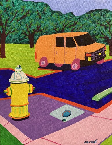Fire Hydrant and Truck par Sue Graef, Peinture en vente sur Singulart