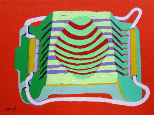 Egg Slicer on Red van Sue Graef, Schilderij te koop op Singulart