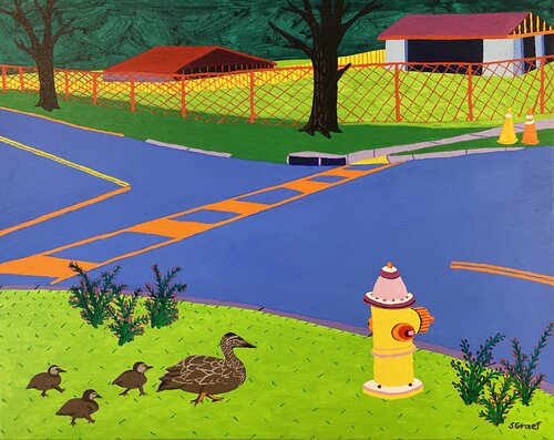 Fire Hydrant and Ducks von Sue Graef, Malerei kaufen auf Singulart