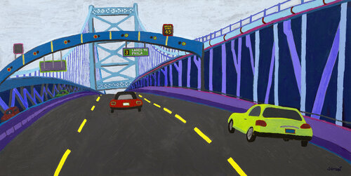 Driving Over the Ben Franklin Bridge van Sue Graef, Schilderij te koop op Singulart